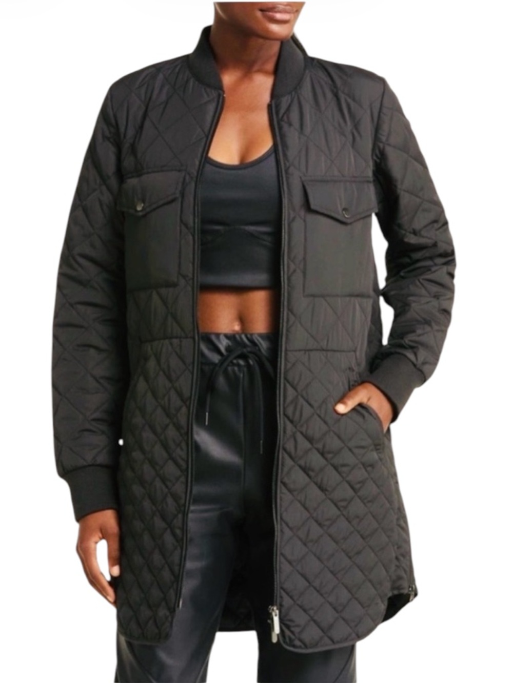 NWOT Zella Black Longline Quilted Puffer Bomber Jacket Plus Size 2X - Picture 2 of 15